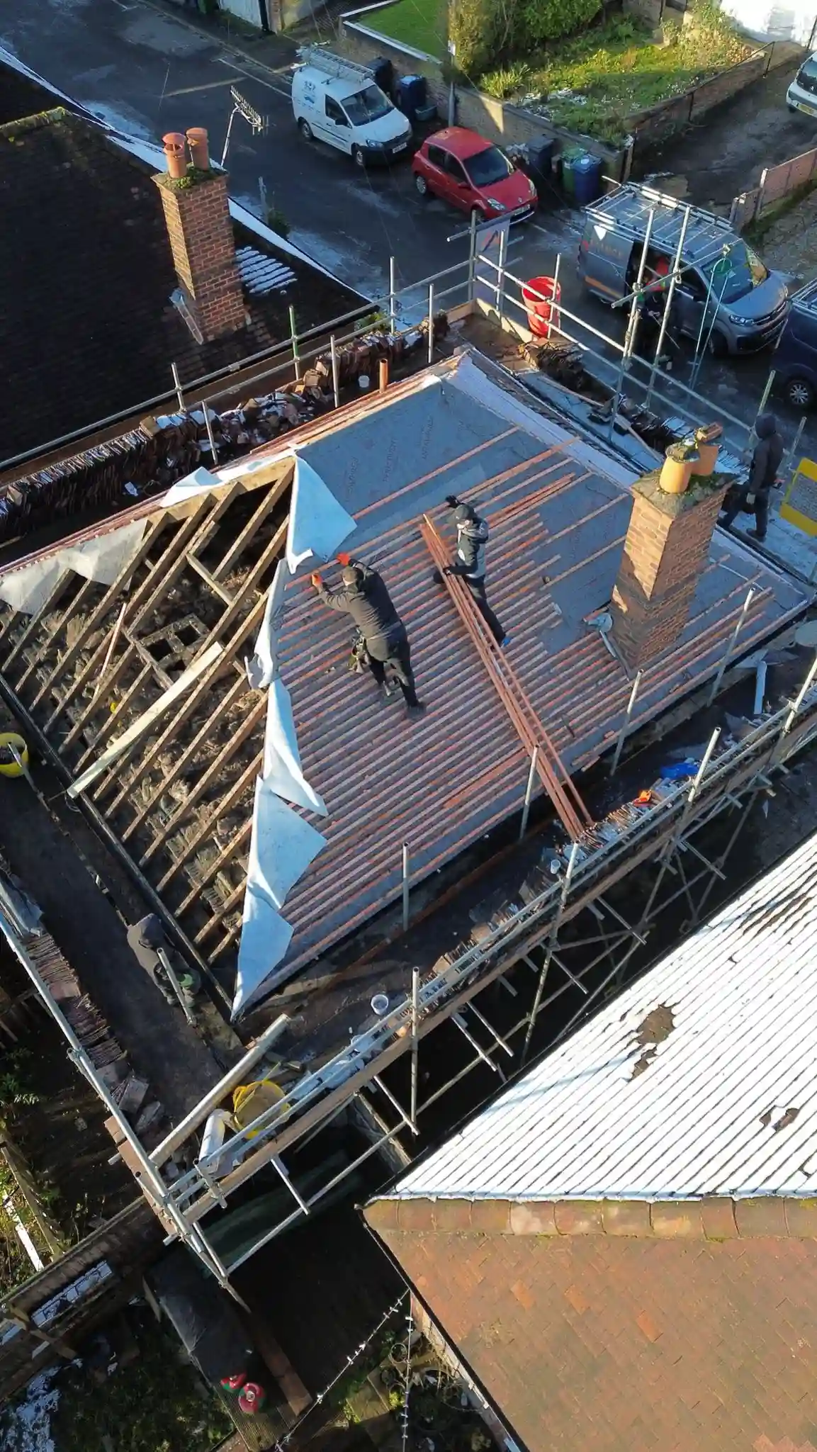 New pitched roof timbers and felt being fitted in High Wycombe